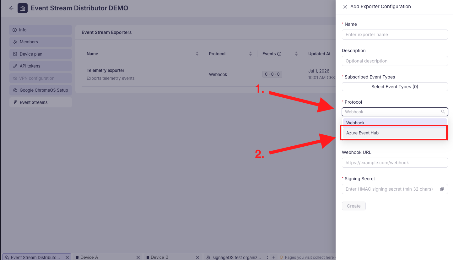 Select the Azure Event Hub protocol