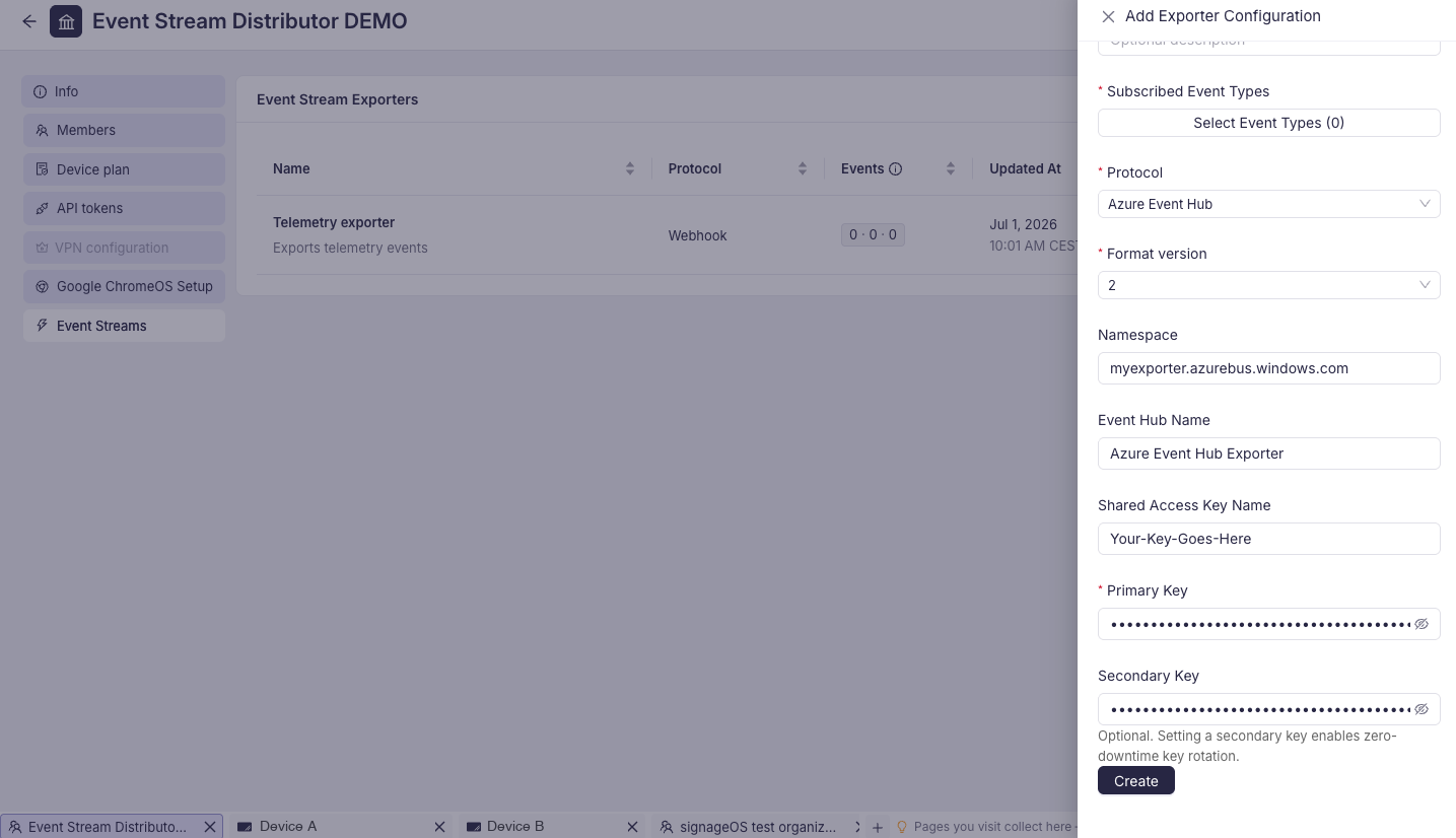 Azure Event Hub exporter form