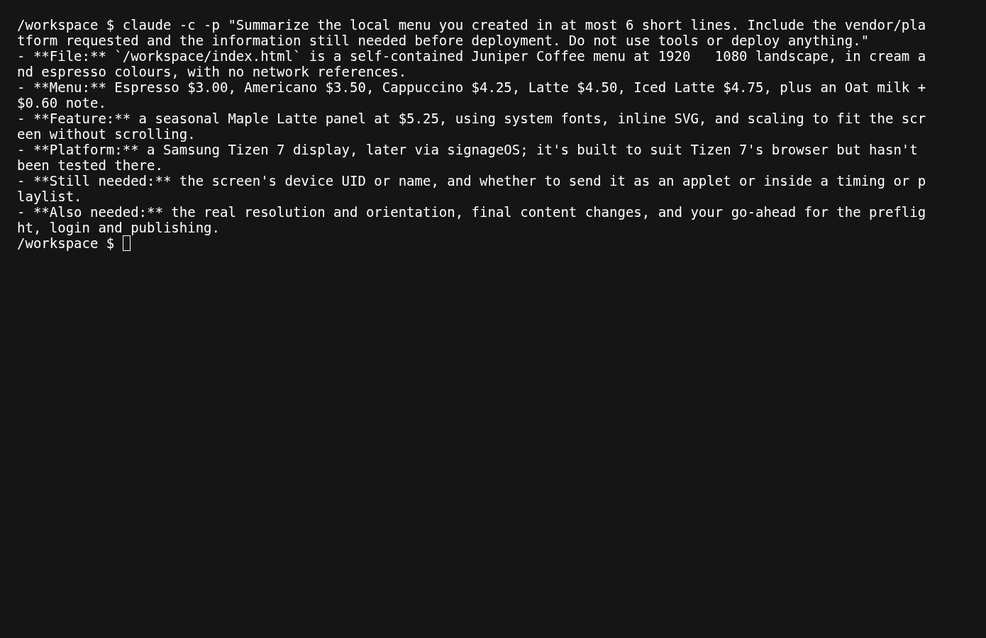 Actual Claude Code command-line response summarizing the generated menu and asking for deployment details.
