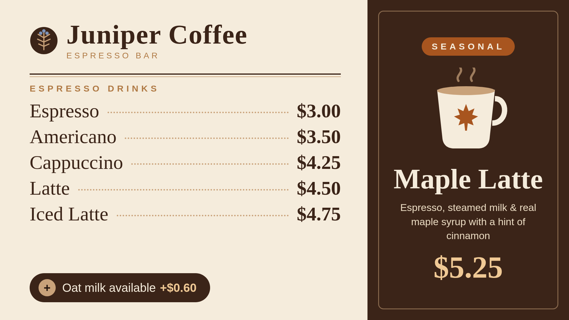 Local browser screenshot of the generated Juniper Coffee menu with five drinks and a seasonal Maple Latte feature.