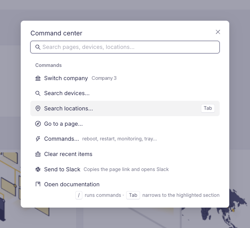 The Command Center open on an empty query, listing the available commands