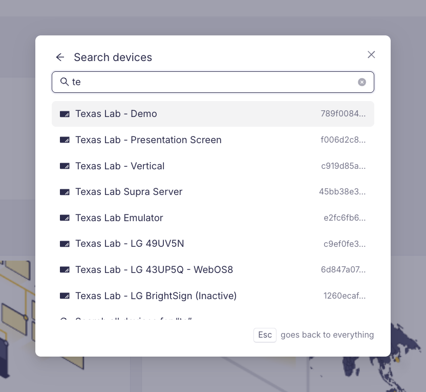 The palette narrowed to device search, with the back arrow next to the title and the matching devices listed with their UIDs