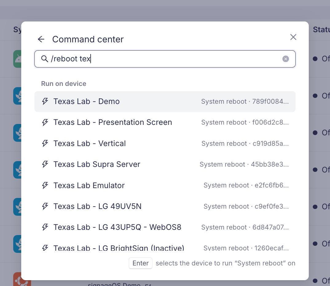 The /reboot command listing the devices it can run on