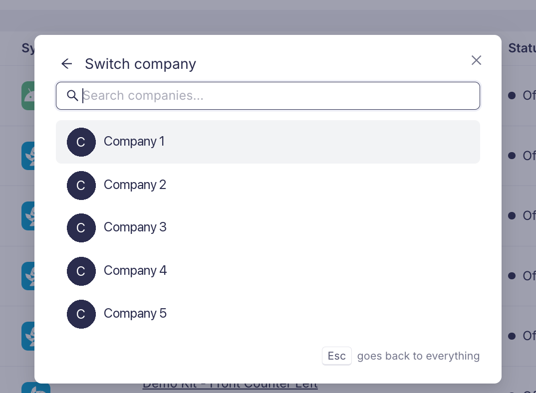 The company list opened as a step of the Command Center, with the back arrow next to the title