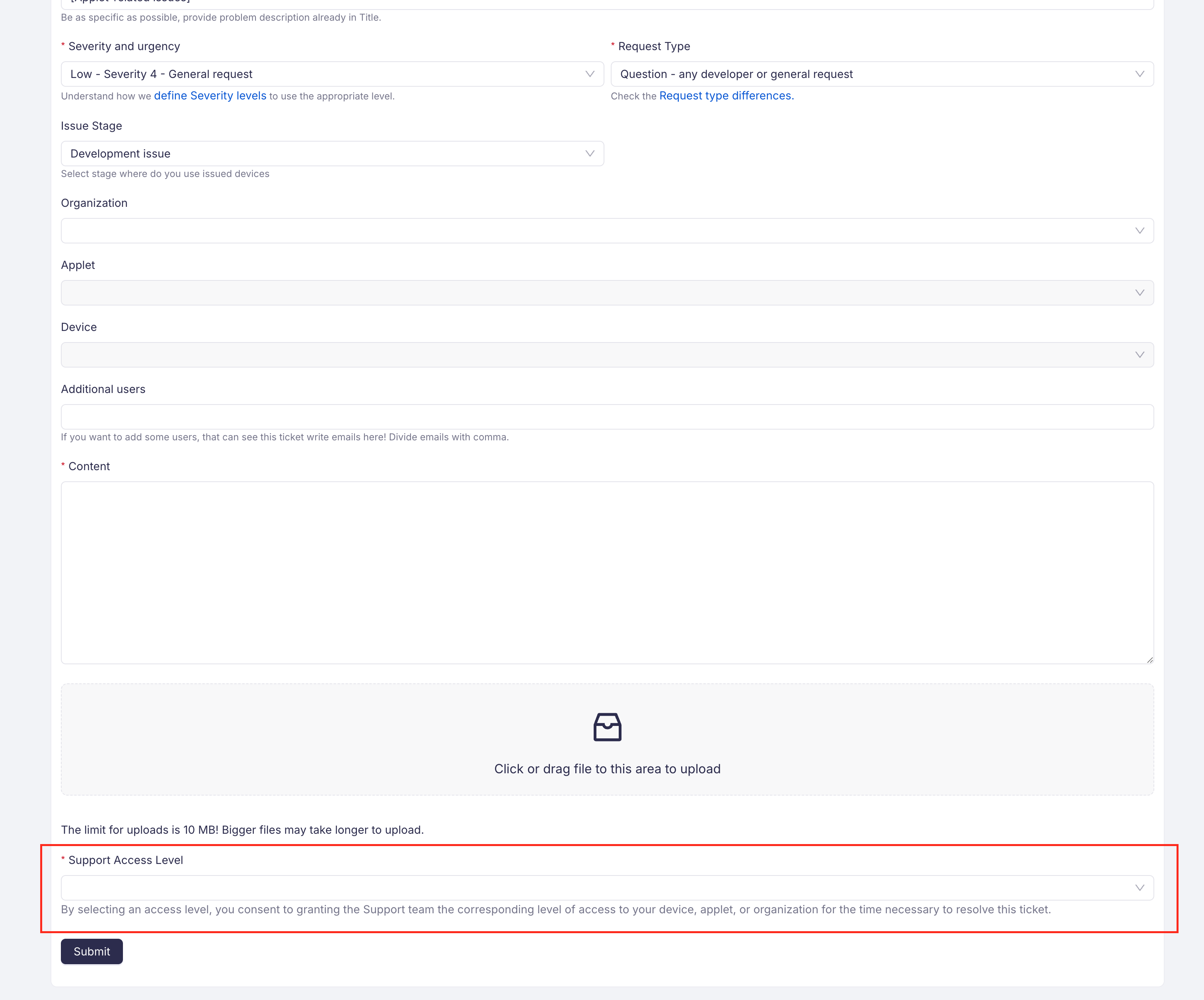 Set the support access level when creating a ticket