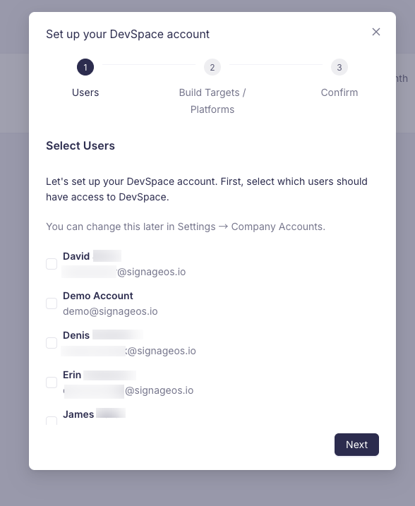Selecting users with access to DevSpace