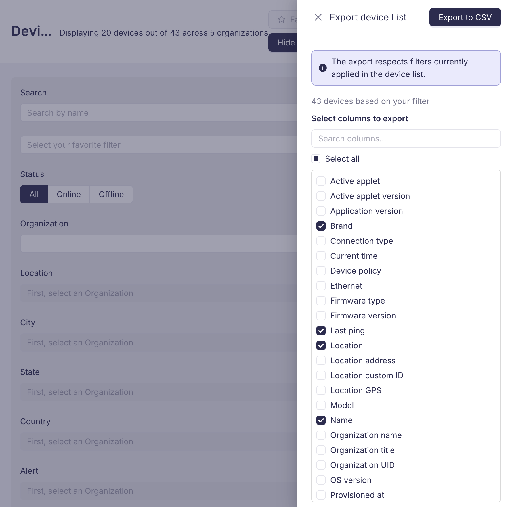 Export devices in CSV