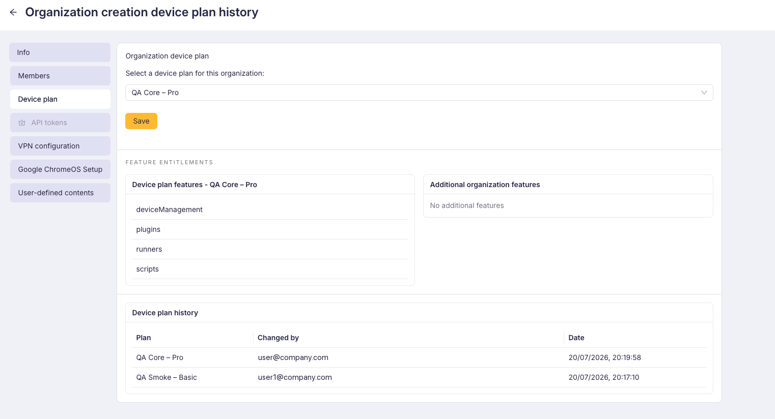 Device plan history card