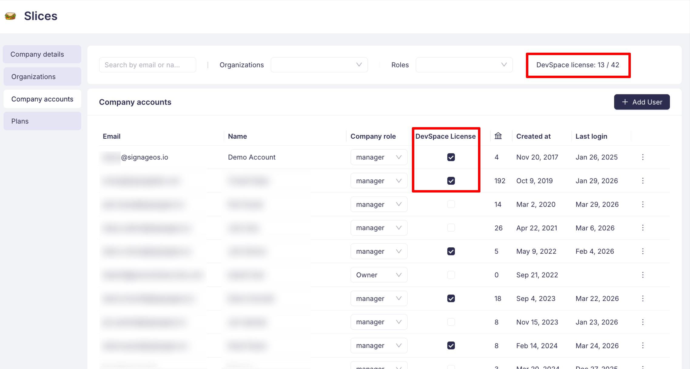 Company Accounts page showing DevSpace License checkboxes and license counter