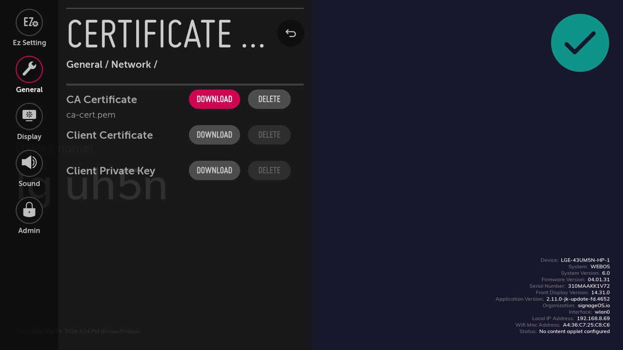 Certificate import success in webOS settings