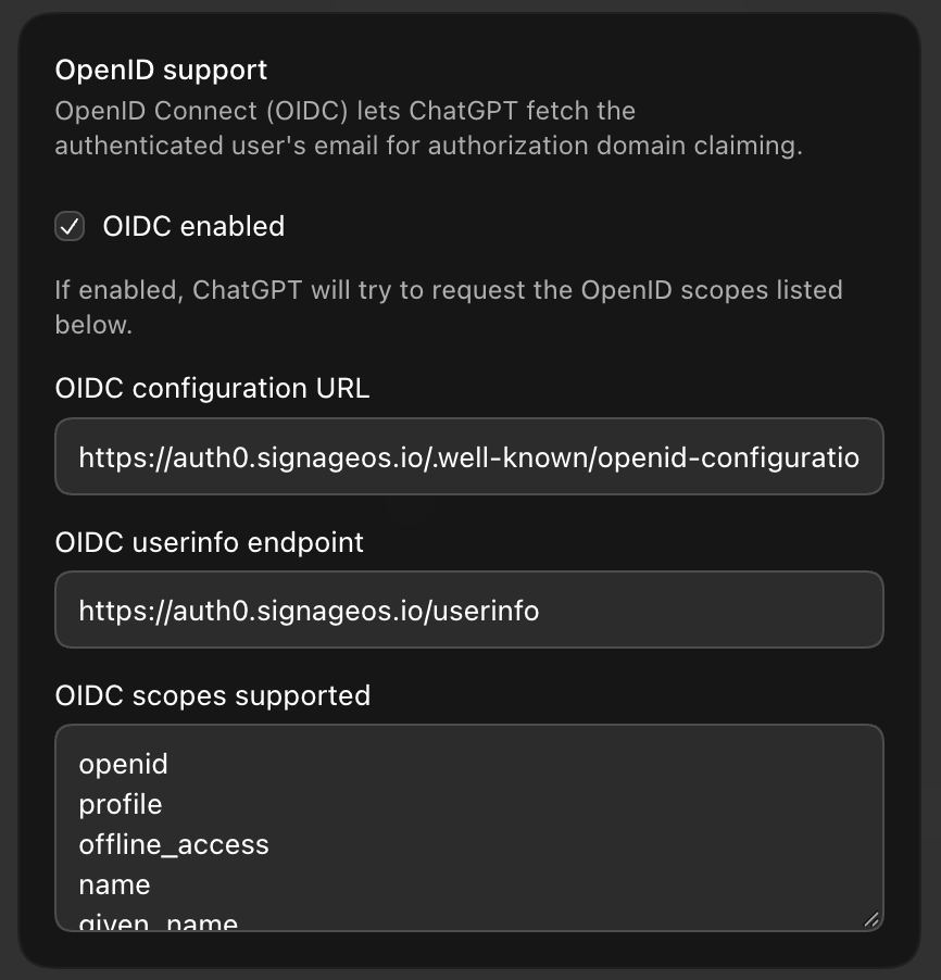 OpenID support settings with OIDC enabled and signageOS discovery URL