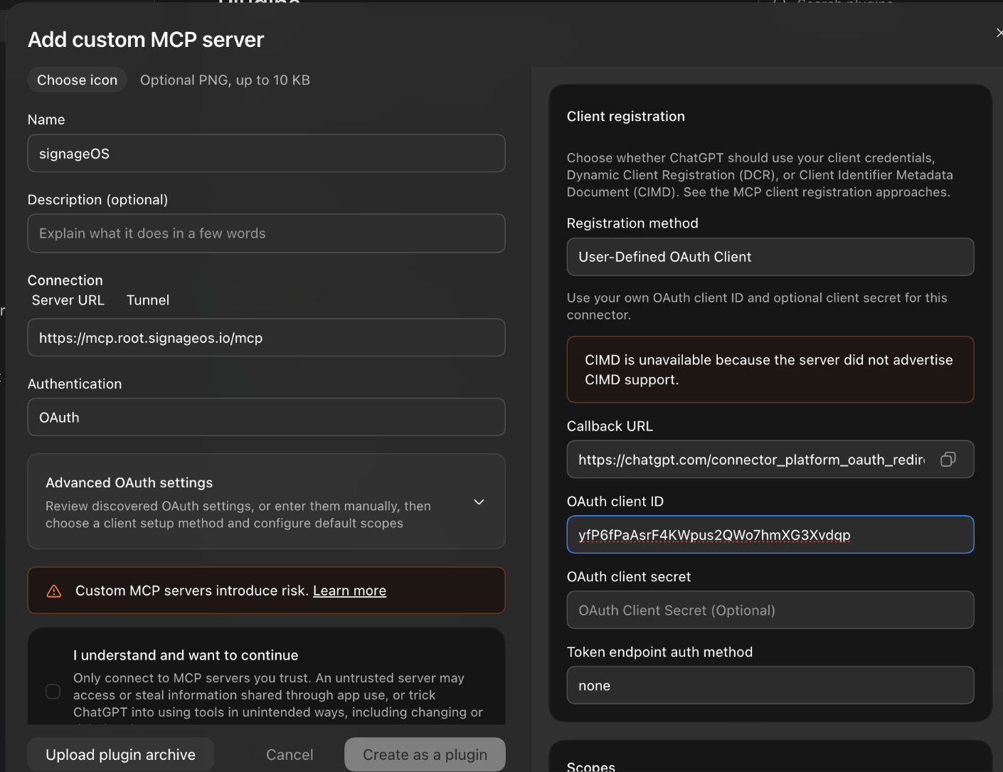 ChatGPT custom MCP form with signageOS server URL and public OAuth client settings