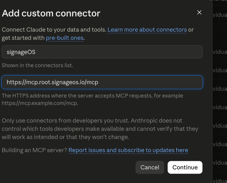 Claude Add custom connector dialog with signageOS name and server URL