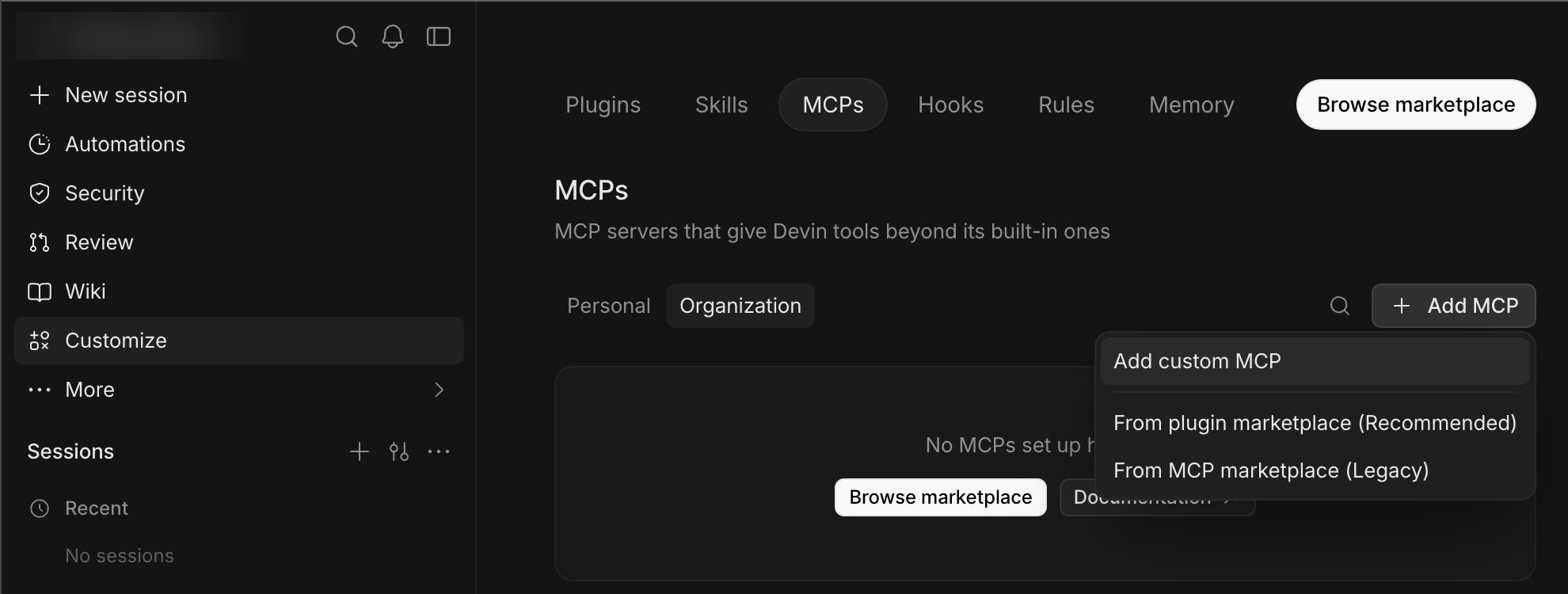 Devin MCPs page with Add MCP menu and Add custom MCP option