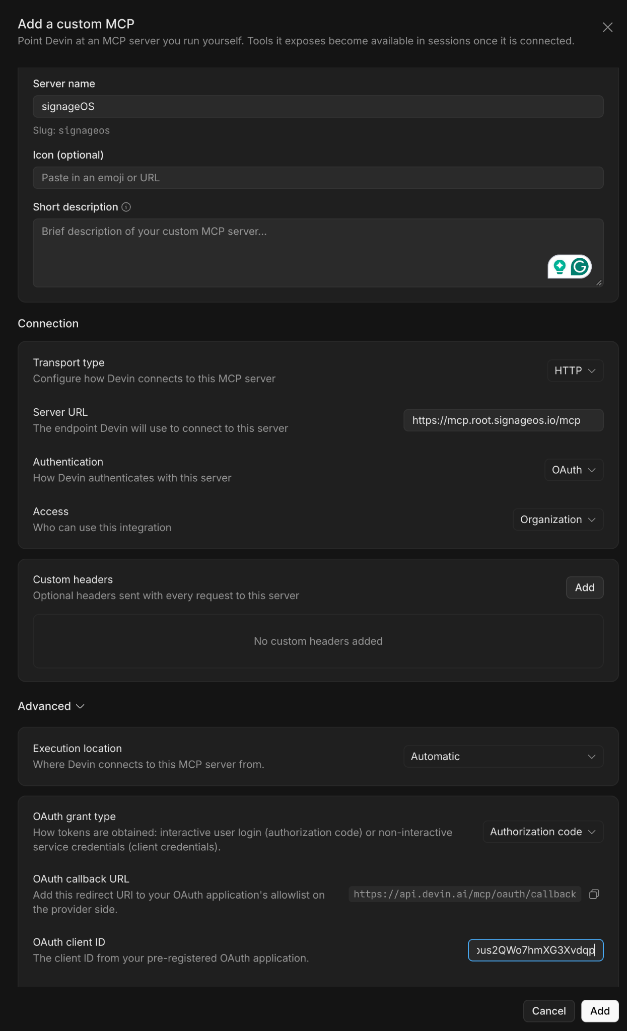 Devin custom MCP form with HTTP transport, OAuth, and advanced authorization code settings
