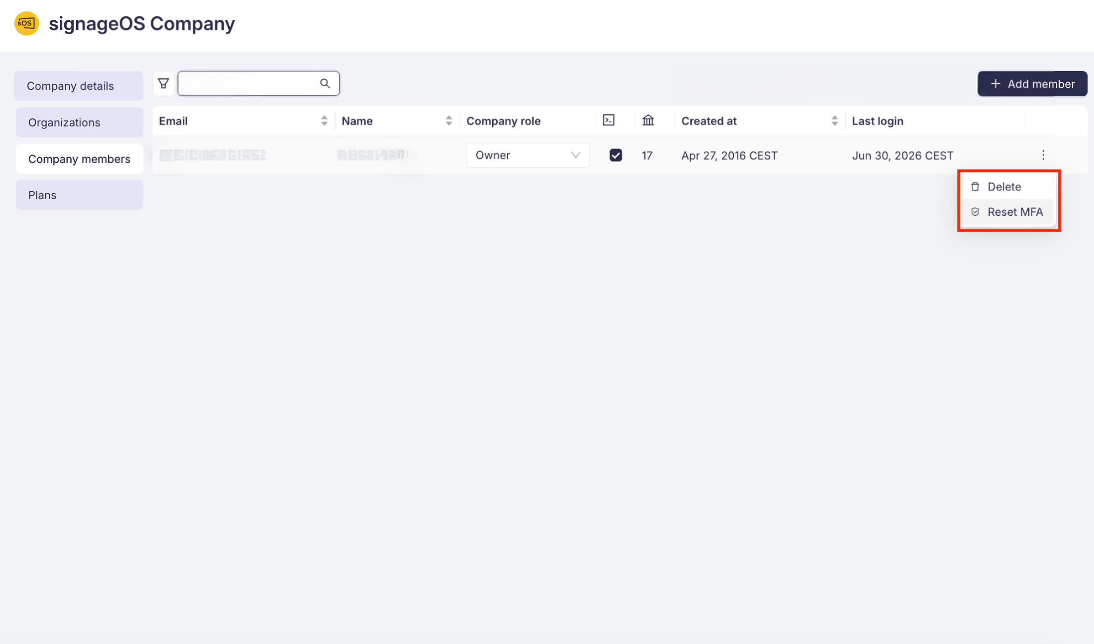 Reset MFA action in the Company members list