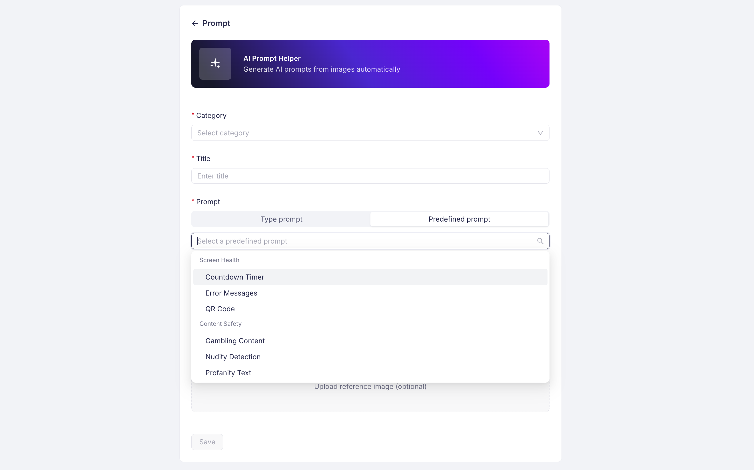 Selecting a predefined prompt from the grouped dropdown