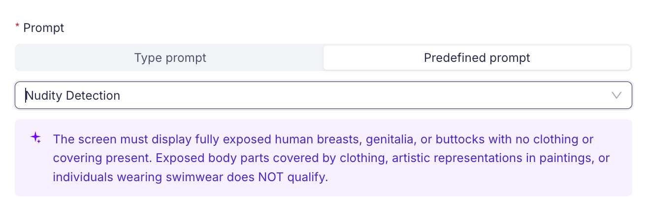 The prompt field populated with the tested Nudity Detection description