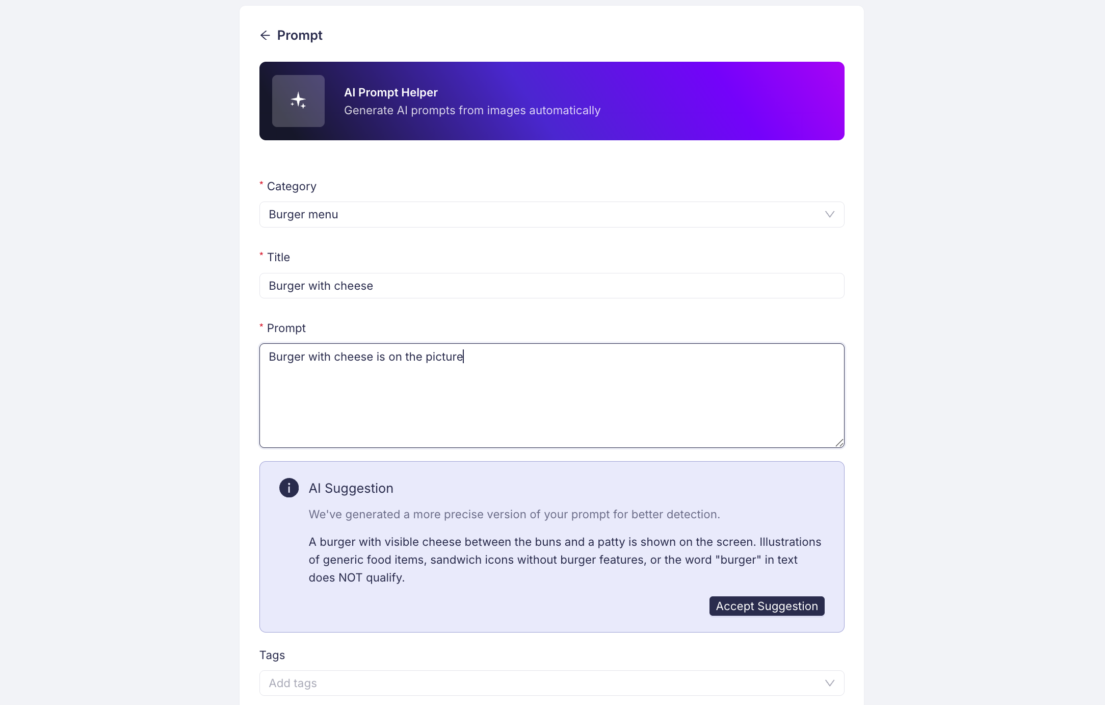 The AI Suggestion panel proposing a more precise version of a typed prompt