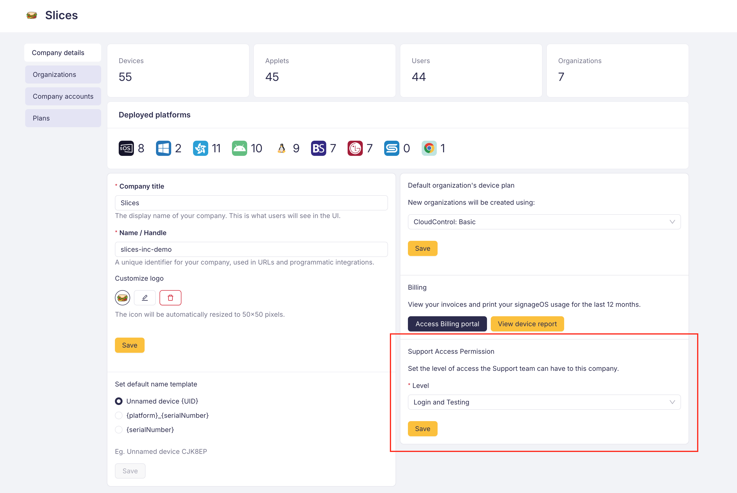 Set support access level for company