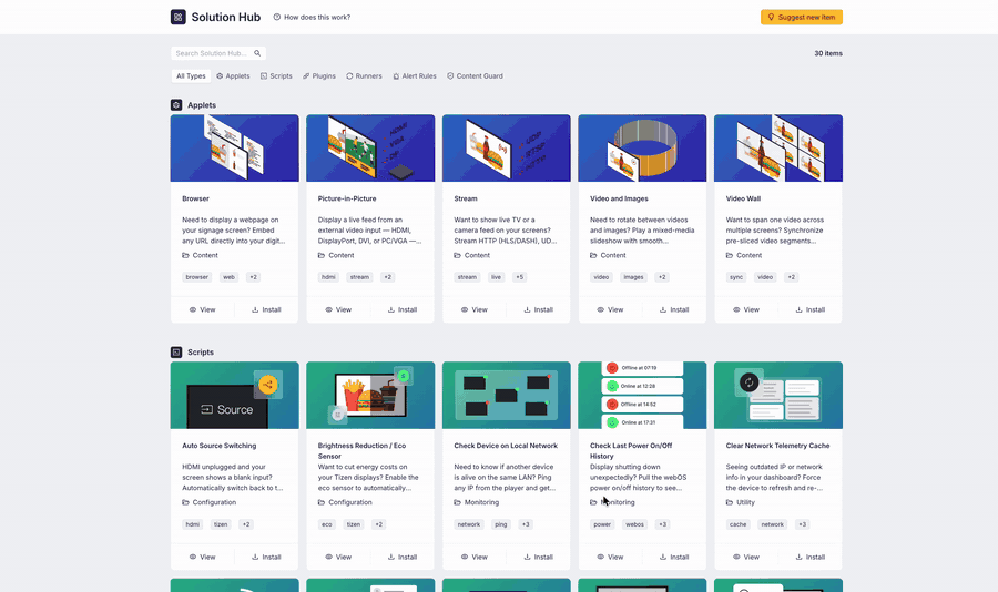 Browsing the Solution Hub catalog grouped into sections per item type