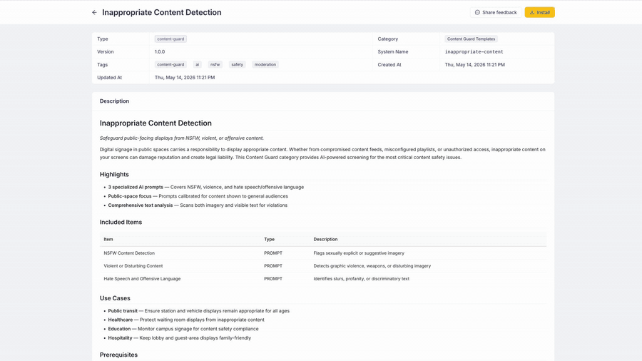 Installing a Content Guard template from its detail page